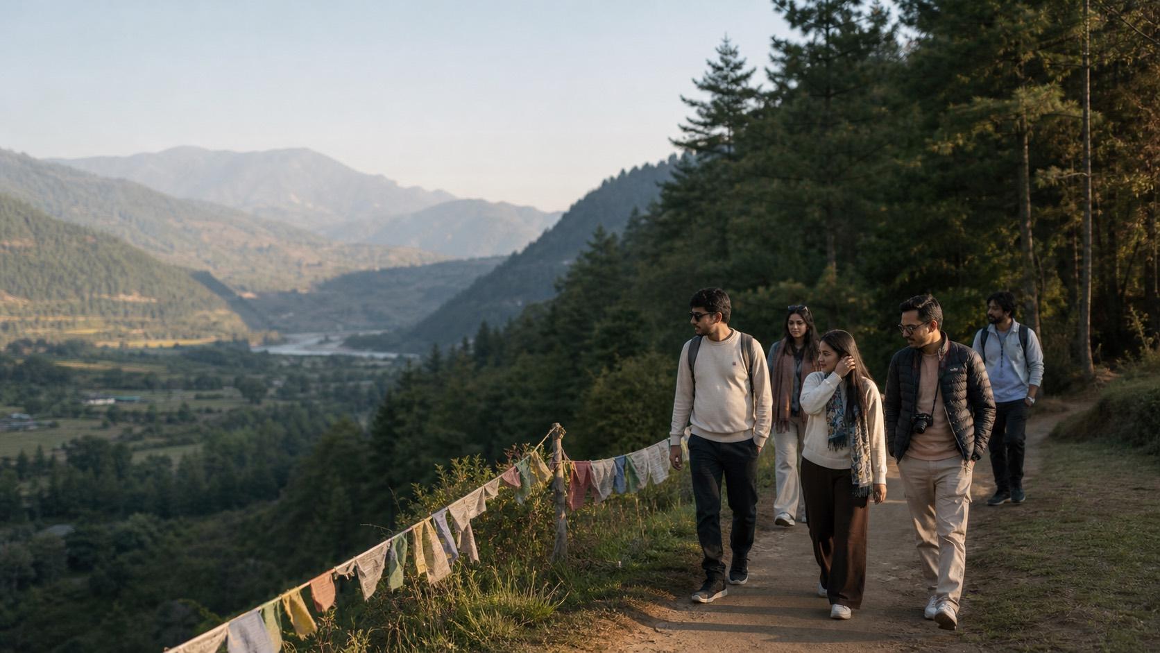 Walking above the river valley between stops