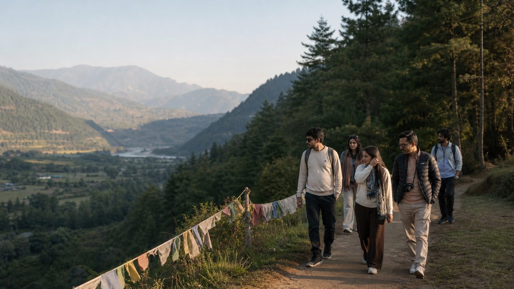 Walking above the river valley between stops